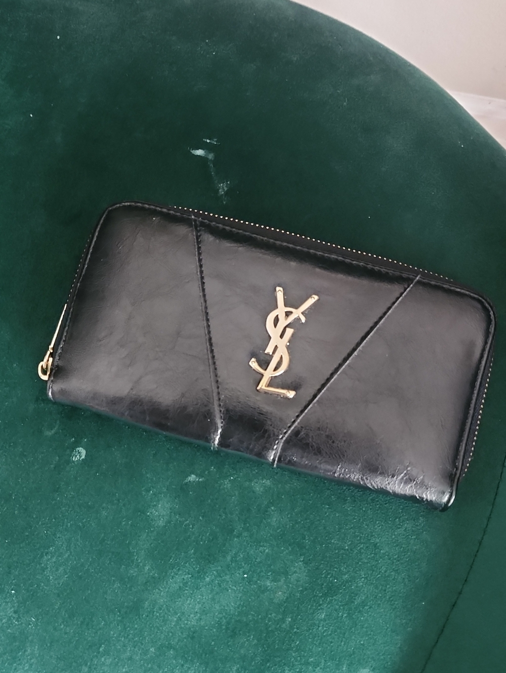 Saint Laurent Inspired Black Leather Zip Wallet with Gold Logo